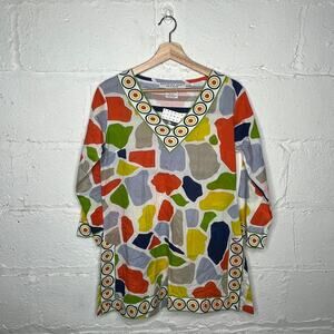 Gretchen Scott Women's Abstract Cotton V-Neck 3/4 Sleeve Tunic Top Size Small